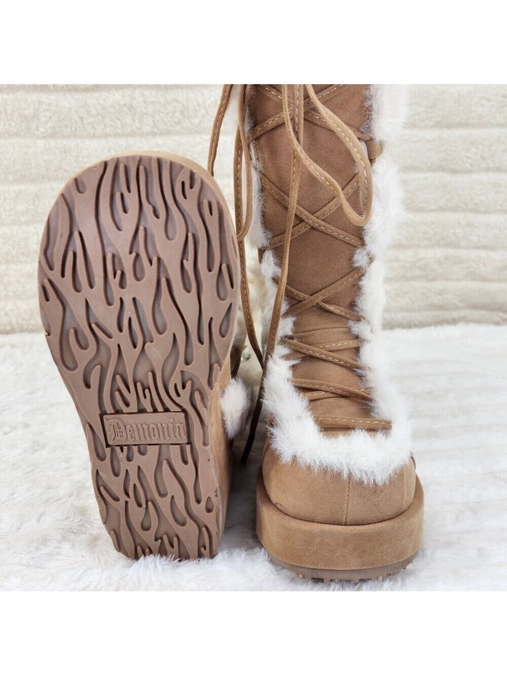 NIB DEMONIA Cubby 311 Stomper Tan Mammoth Platform Goth Punk Knee Boots NY - Picture 11 of 11